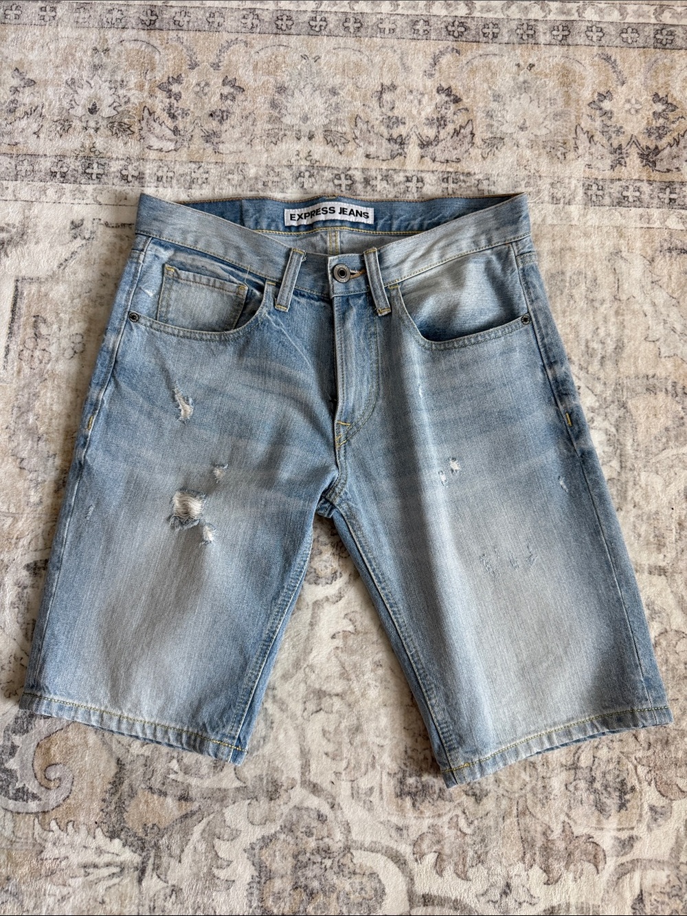 Express Men’s Light Blue Distressed Denim Shorts